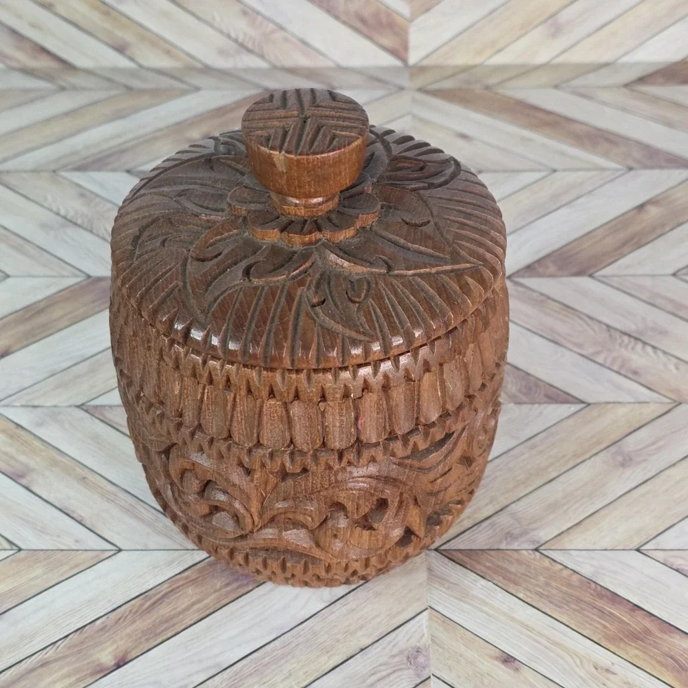 Vintage Ornate Carved Wooden Only 2 Coaster Set with Jar Holder and Lid 6